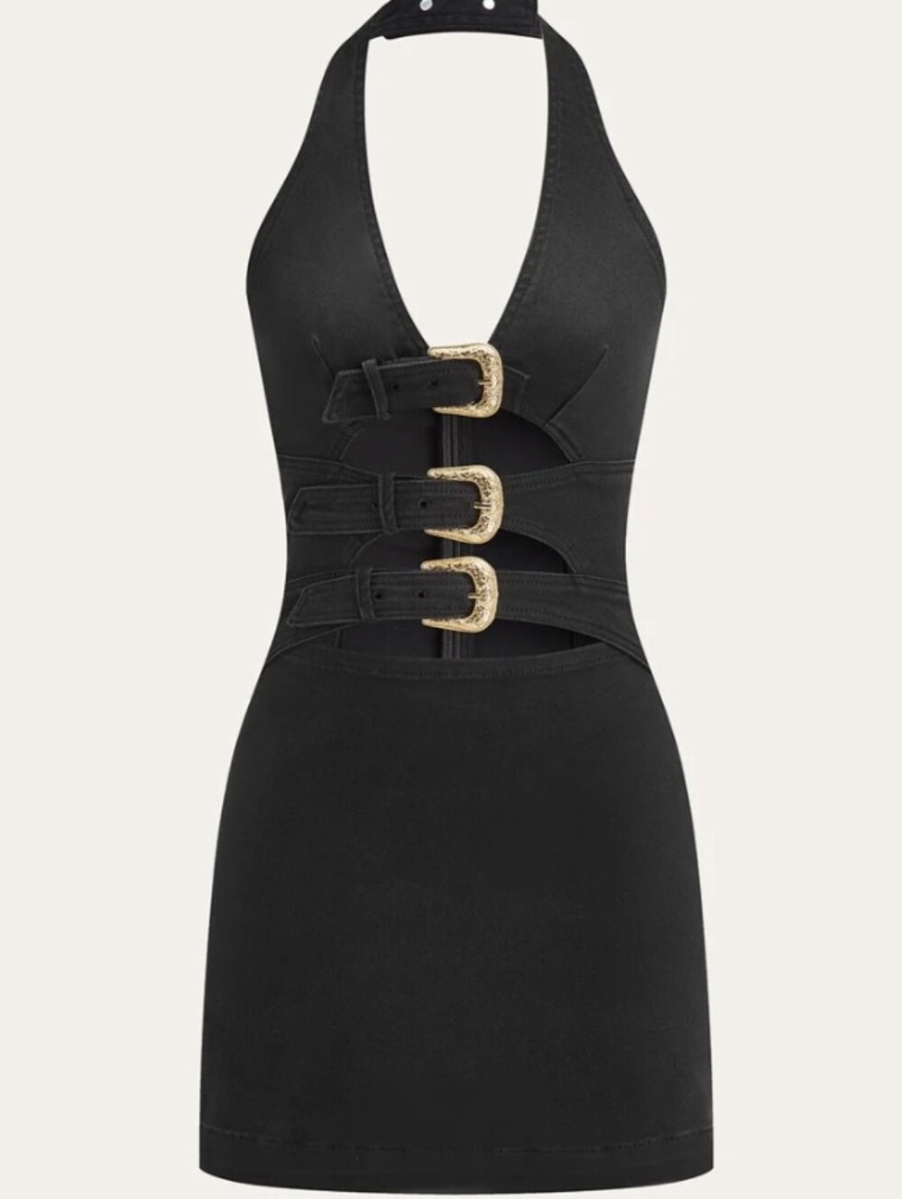 Commense Denim Halter Mini Dress Triple Gold Buckle Detail Cutout Black M NWT